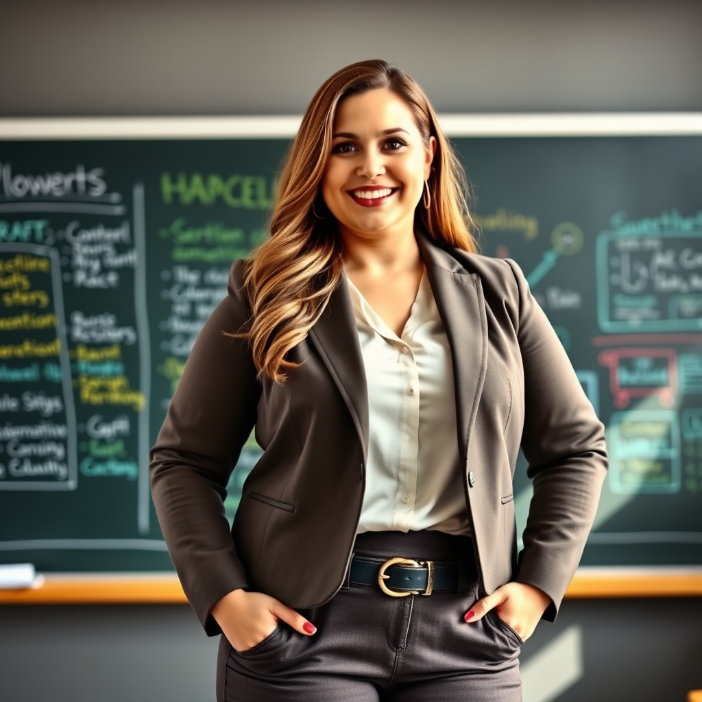 A confident big woman standing in front of a blackboard, portraying a strong and assertive presence