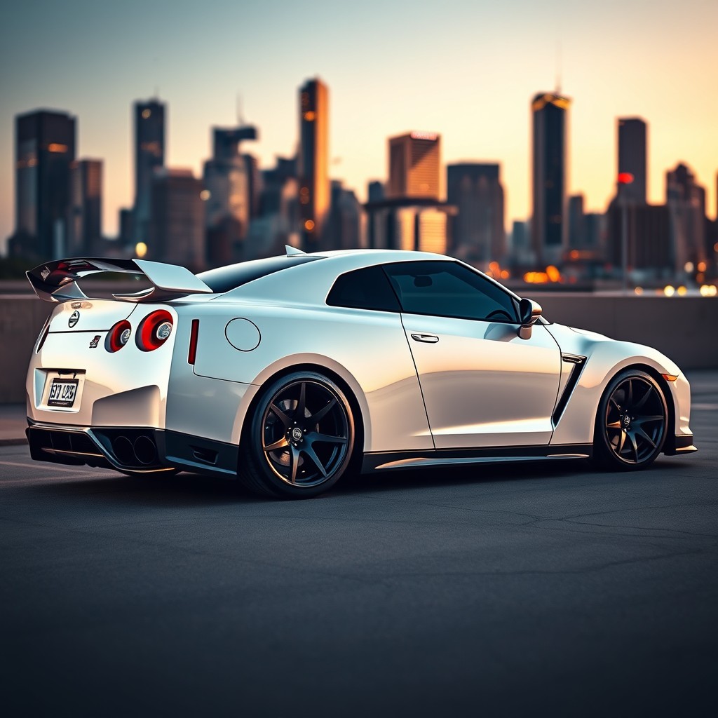 A stunning white Nissan GTR R35 parked in an urban setting, showcasing its sleek body with black rims that add a sporty contrast