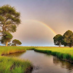 An afternoon landscape with green grass, a thin, blue river traveling straight from left to right with seven subtle waves, under a vibrant rainbow within a cloudless, brown sky.