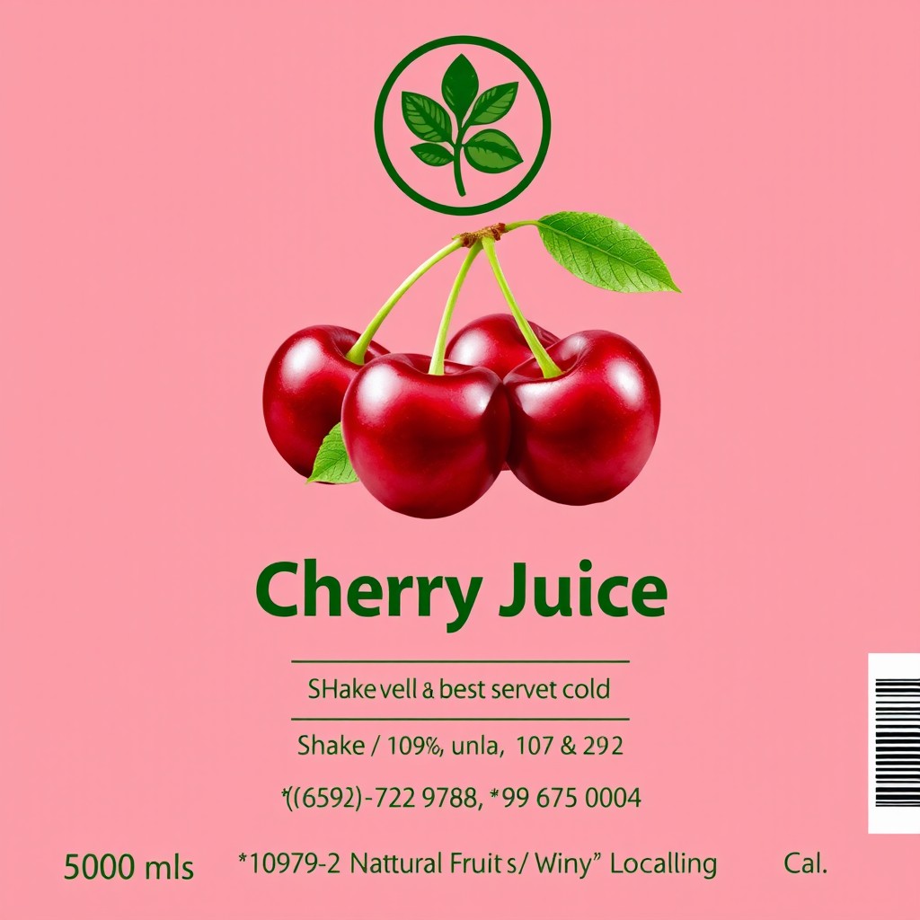 A product label design for Cherry Juice featuring a light cherry red background color (#FFEBEB)