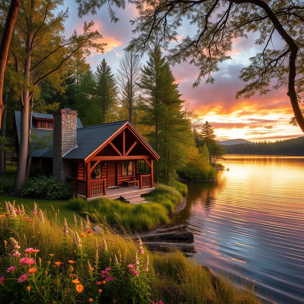 A picturesque cabin nestled in a serene forest by a tranquil lake, surrounded by lush green trees and wildflowers, reflecting the vibrant colors of nature