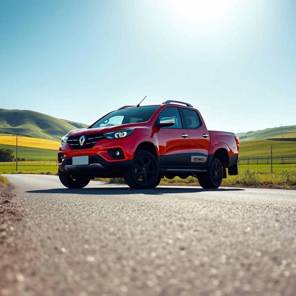 A bright red Renault Oroch pickup truck parked on an empty road