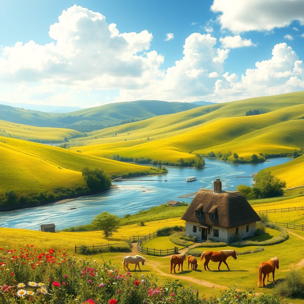 A serene landscape depicting a peaceful countryside scene with rolling hills, lush green fields dotted with wildflowers, a sparkling river flowing gently, and a bright blue sky filled with fluffy white clouds