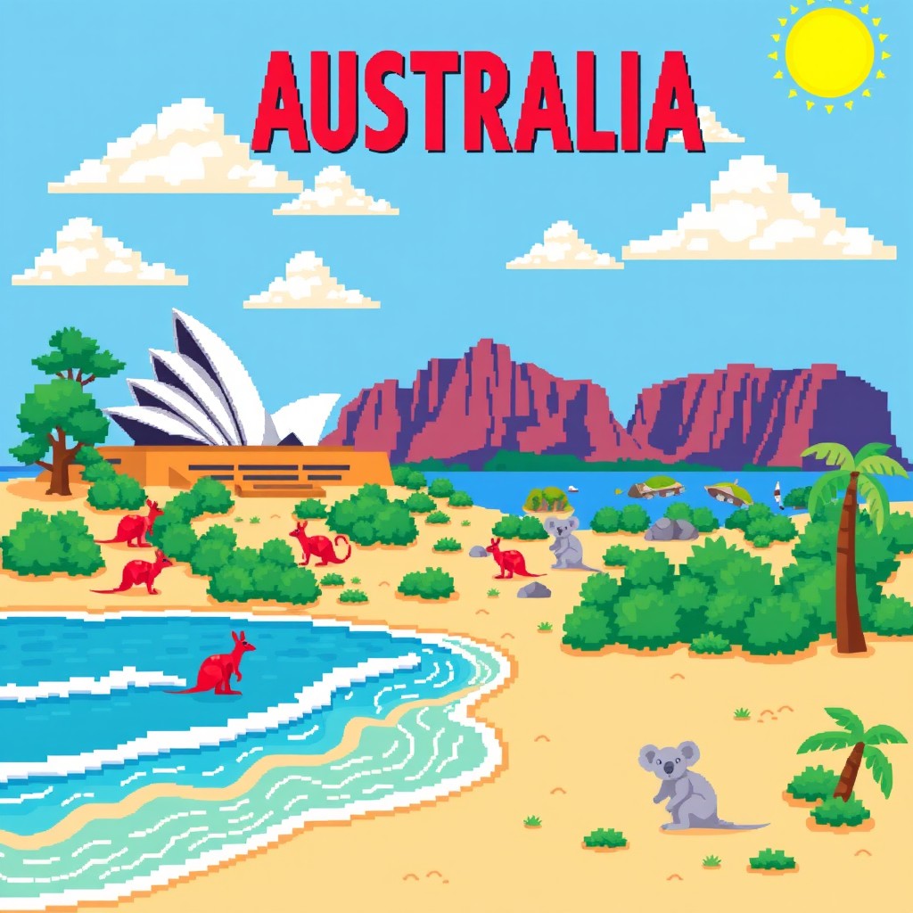 A colorful pixel art representation of the Australian landscape, featuring iconic elements such as the Sydney Opera House, Uluru (Ayers Rock), and the Great Barrier Reef