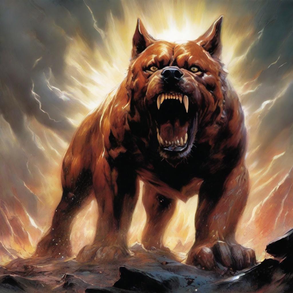 An awe-inspiring depiction of a colossal dog, its teeth bared in fury, an embodiment of pure, raw energy and power, set against the backdrop of a trembling world.