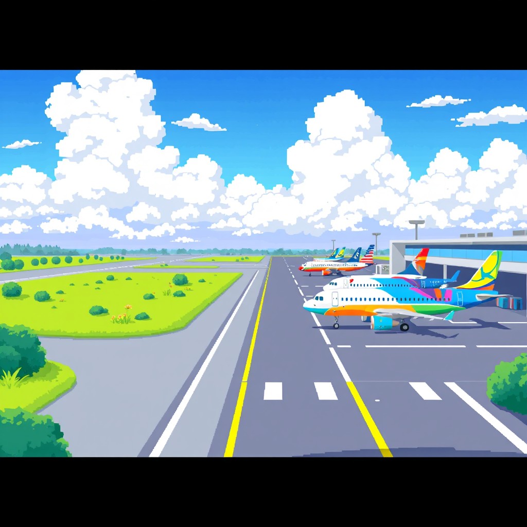 A vibrant pixel art scene depicting an airport runway with several colorful airplanes parked at the side