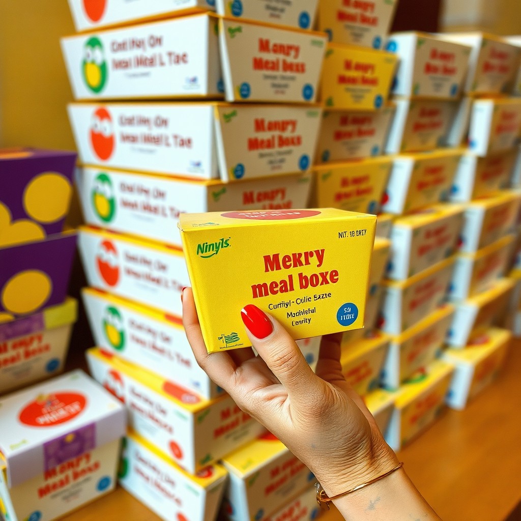 An assortment of charity meal boxes stacked neatly, each box decorated with bright colors and cheerful designs, conveying a sense of community and generosity