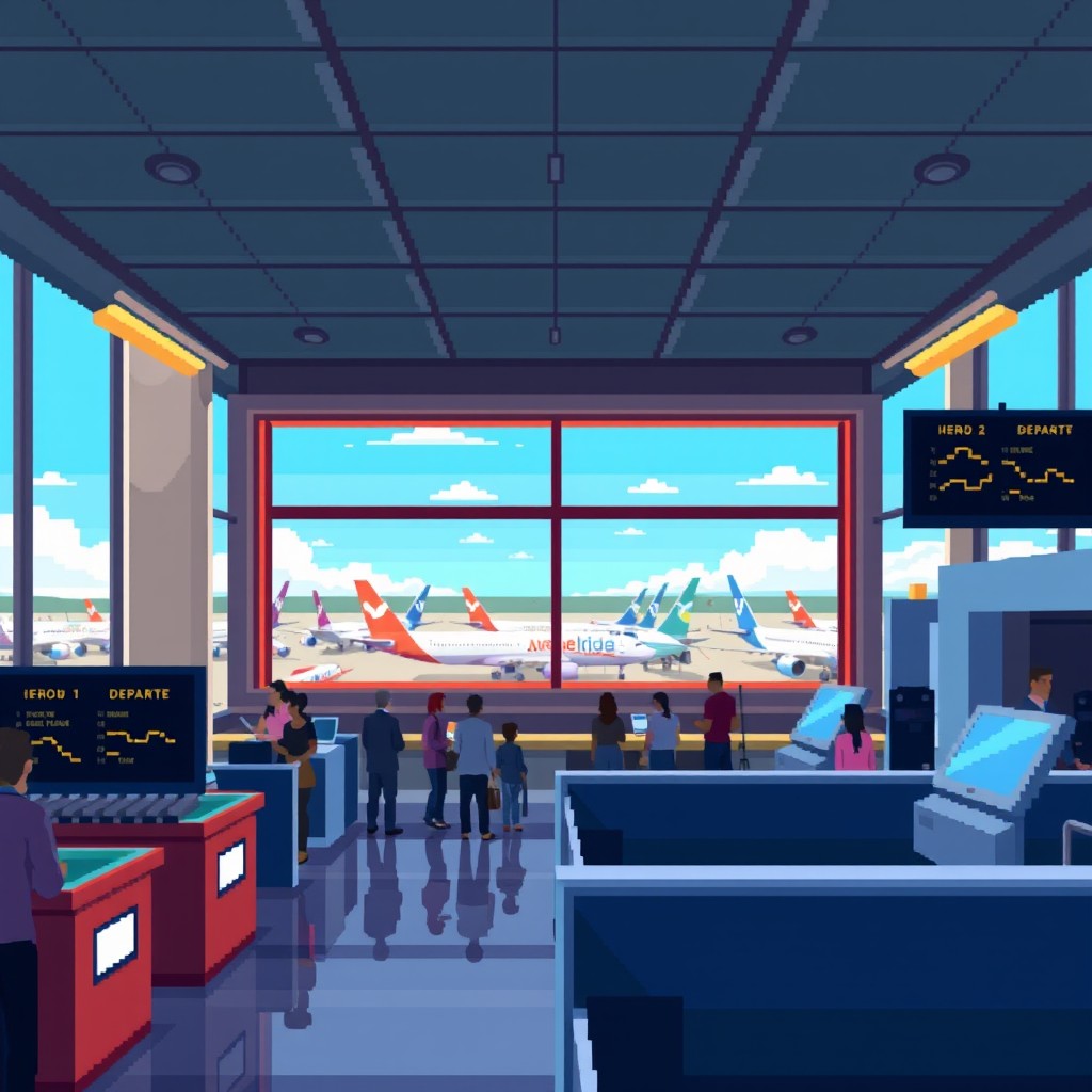 A vibrant pixel art illustration depicting the interior of an airport, presenting a panoramic view overlooking multiple airplanes on the tarmac
