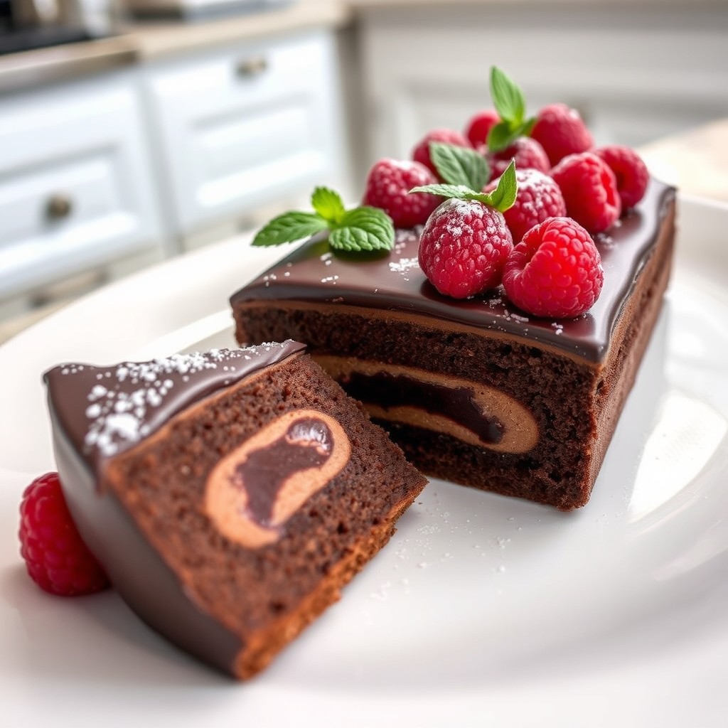 A beautifully plated gourmet dish featuring a rich chocolate tort with a glossy ganache topping, adorned with fresh raspberries and a dusting of powdered sugar