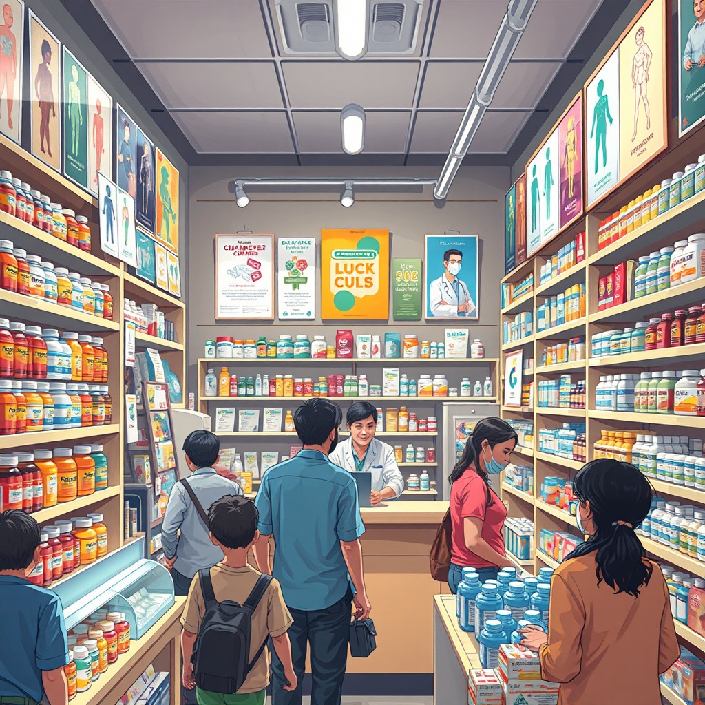 An artistic representation of a physical pharmacy scene, featuring a bustling drugstore filled with shelves of colorful medicine bottles, jars, and pharmaceutical products