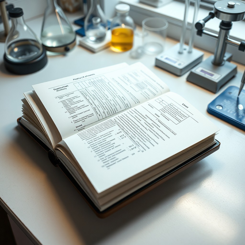 A beautifully arranged physical pharmacy lab book open on a clean, organized lab table