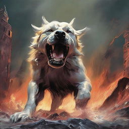 An awe-inspiring depiction of a colossal dog, its teeth bared in fury, an embodiment of pure, raw energy and power, set against the backdrop of a trembling world.