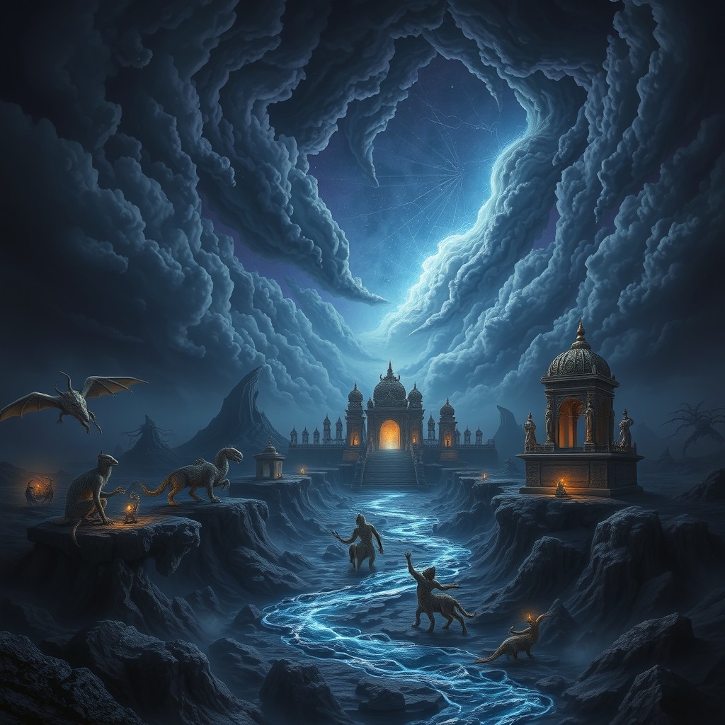 An artistic representation of Yam Lok, the mythological realm of death in Hinduism