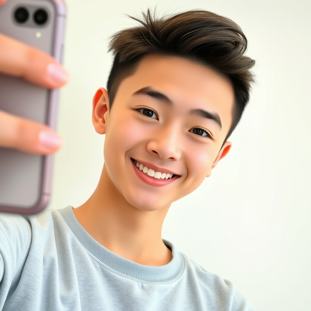A cute teenage boy resembling an anime character, with mixed Chinese and English features