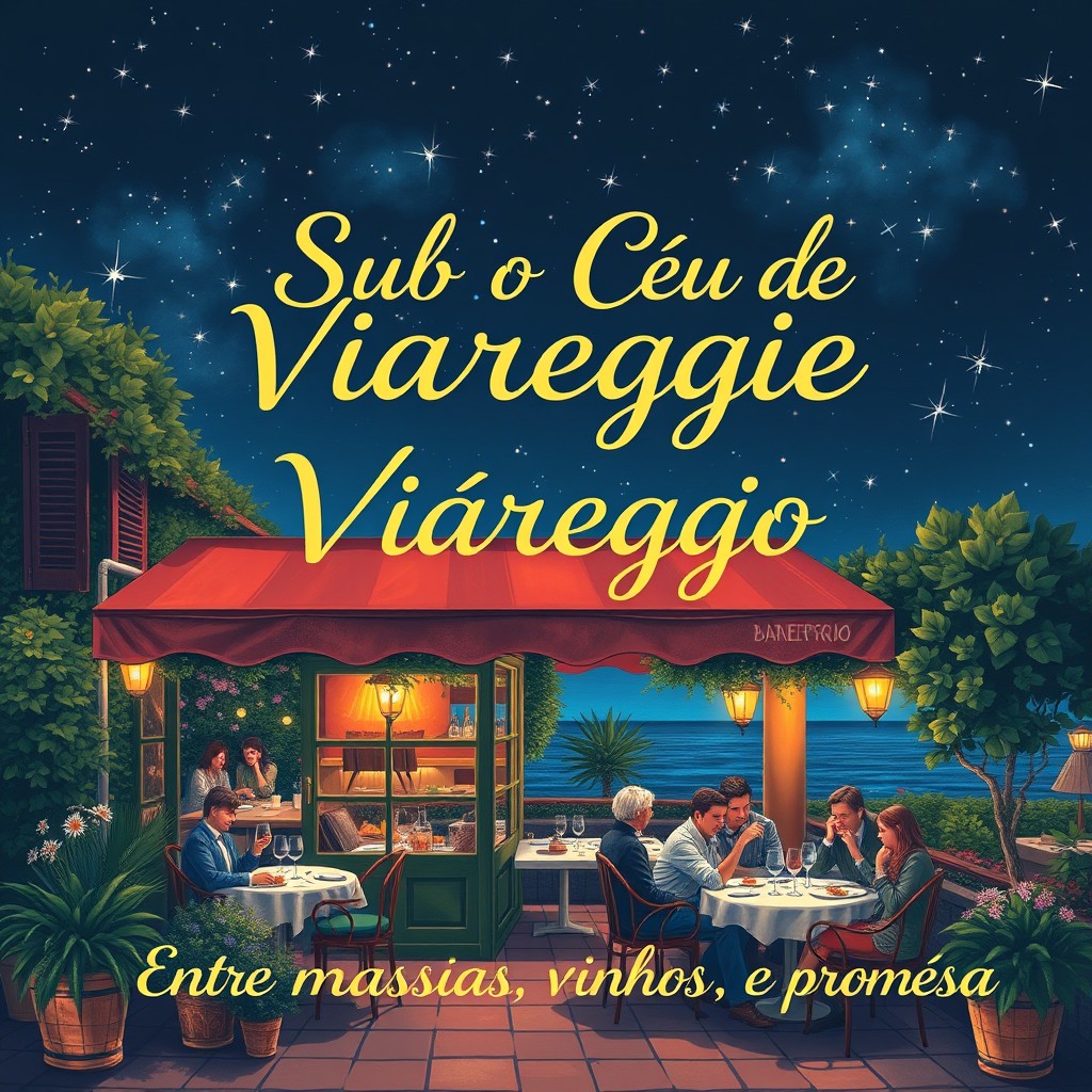 A charming bistro scene in Viareggio, Italy, under a stunning starry sky