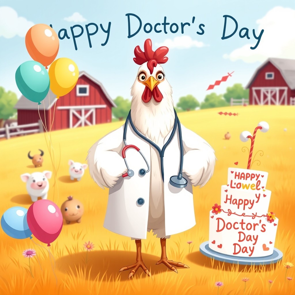 A whimsical and cheerful illustration celebrating Doctor's Day featuring a hen dressed as a doctor