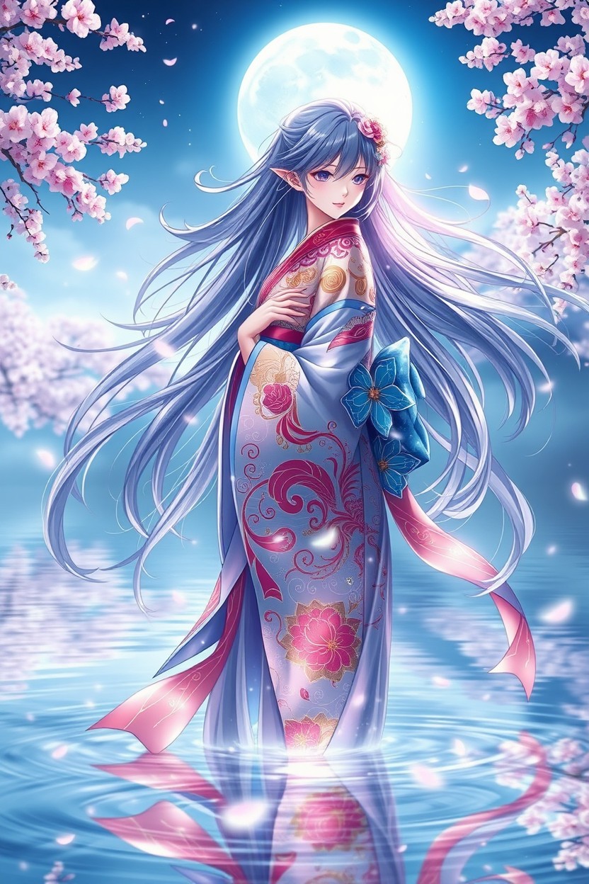 A stunning portrayal of a mystical figure inspired by the concept of "Kyōka Suigetsu no Hime" (Mirror Flower, Water Moon Princess)