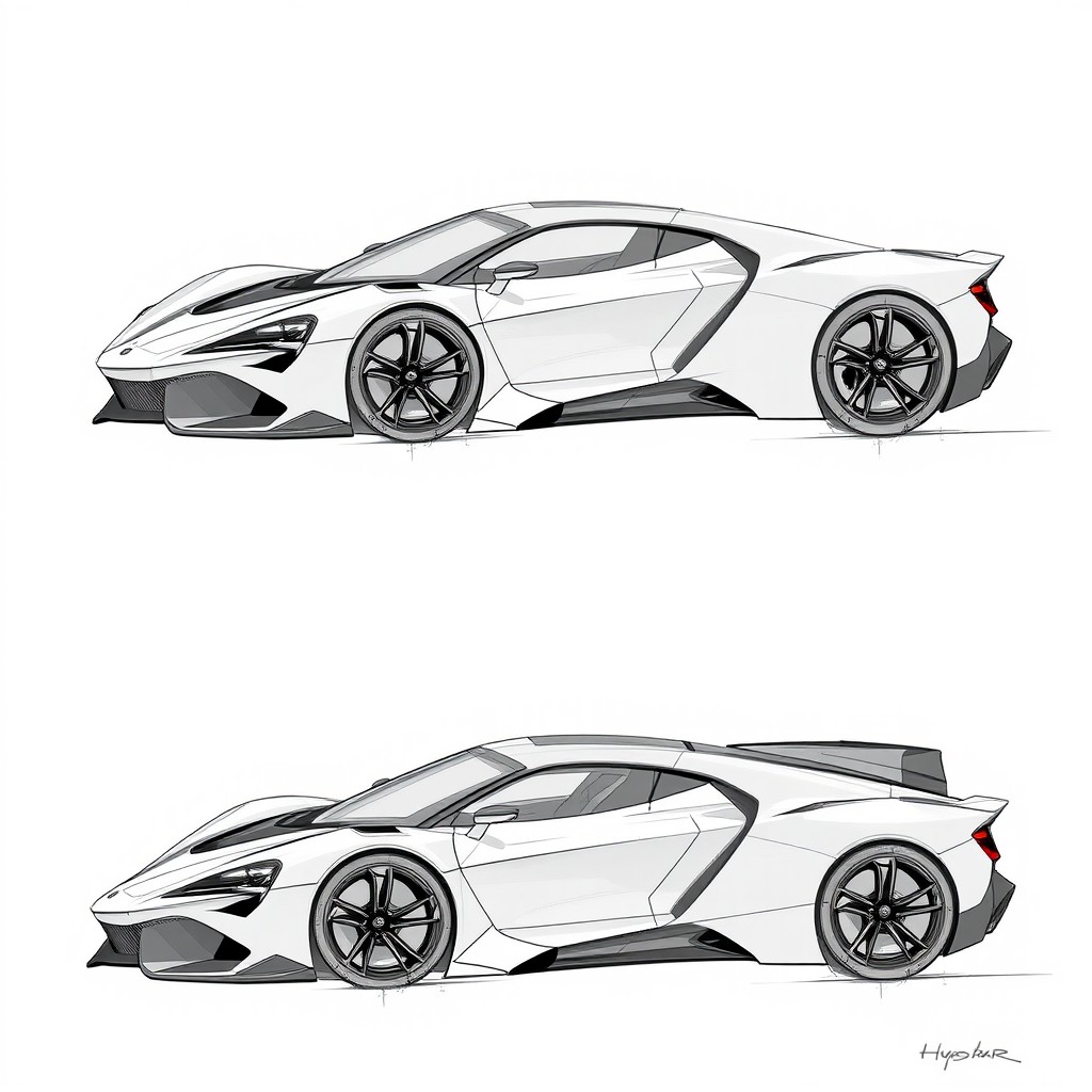 A detailed sketch series of a hypercar, presented from four distinct views: front view, side view, rear view, and top view