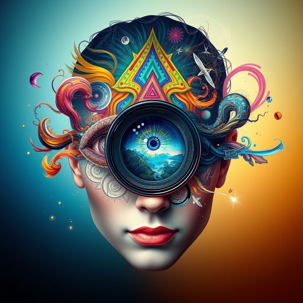 An imaginative fusion of a human face featuring an open third eye, which transforms into a camera lens
