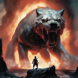 An awe-inspiring depiction of a colossal dog, its teeth bared in fury, an embodiment of pure, raw energy and power, set against the backdrop of a trembling world.