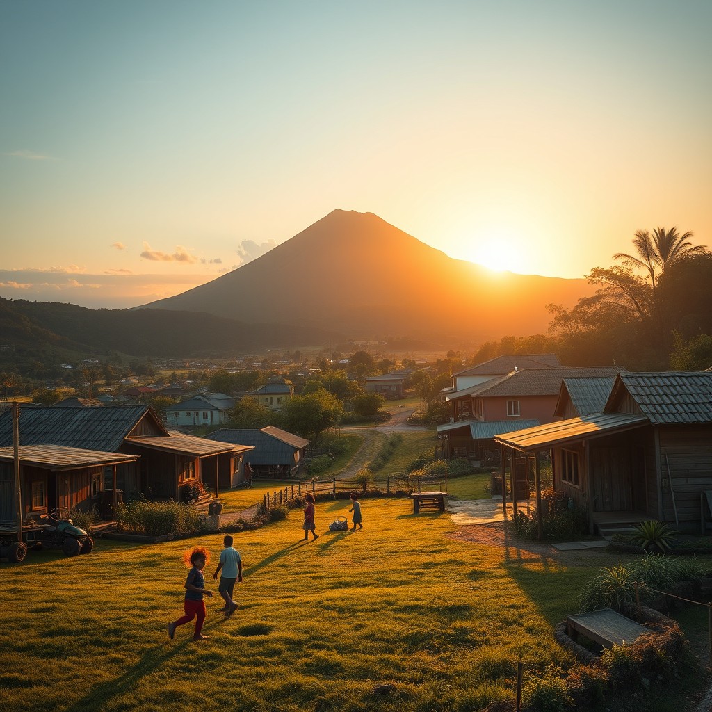 A serene small American village nestled at the base of a dormant volcano during the evening