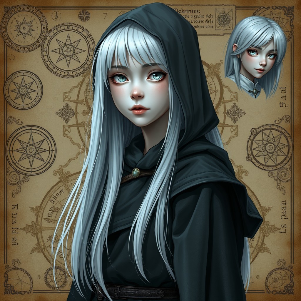 A full-body character design for a D&D fantasy setting, featuring a young girl around 16 years old with long, straight white hair and light gray skin