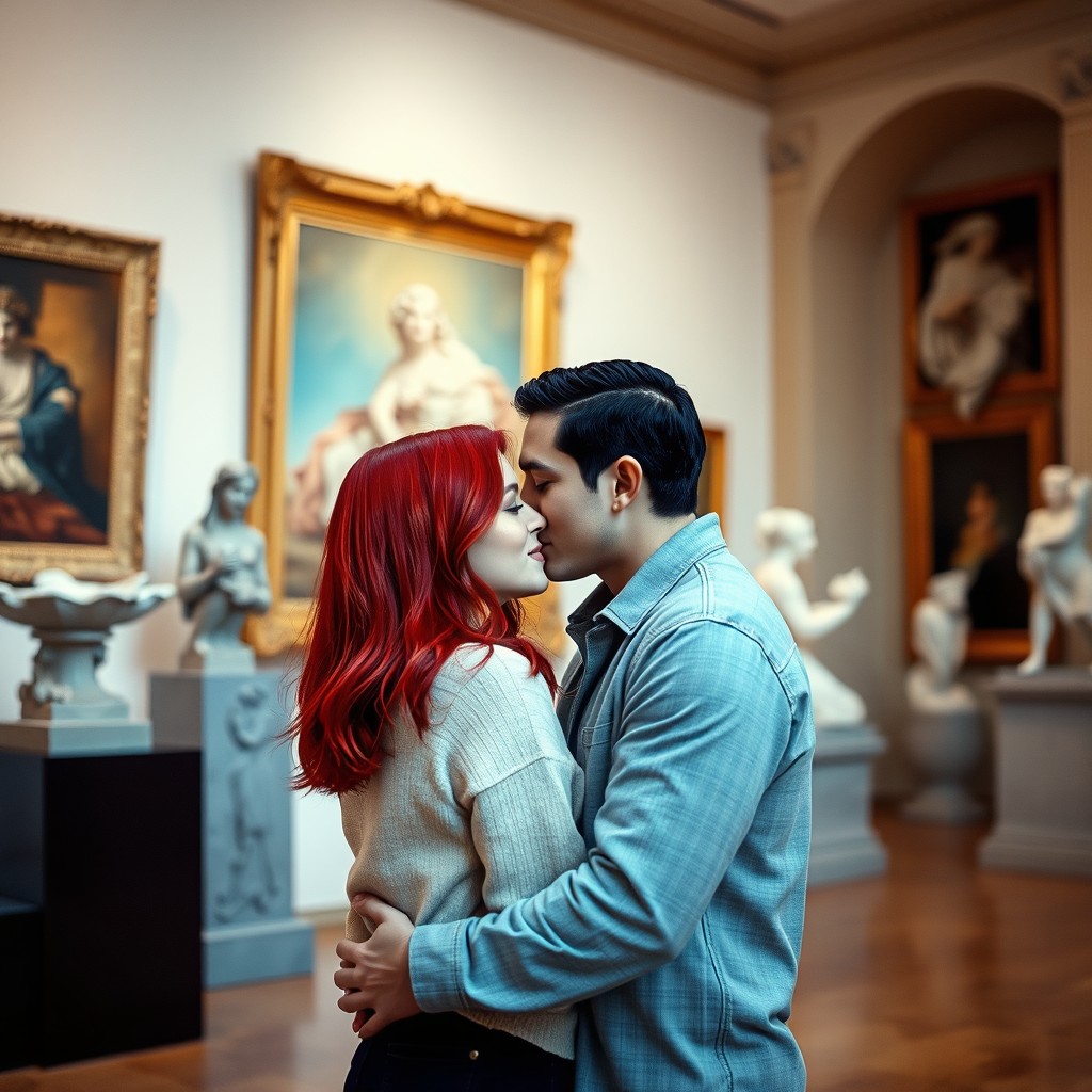 A romantic scene in a beautifully designed museum where a man with sleek black hair gently kisses a girl with vibrant red hair
