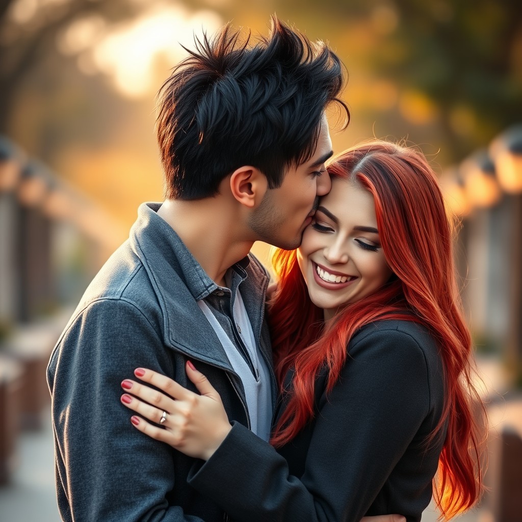 A heartwarming scene of a man with stylish black hair tenderly kissing a girl with vibrant red hair