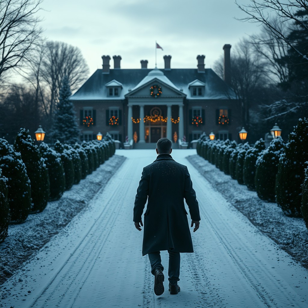 A creepy man with his back to the camera, walking up a long, snow-covered driveway towards a distant, grand mansion