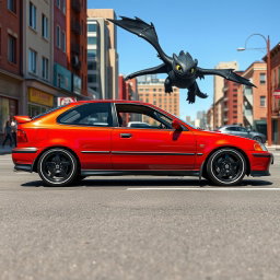 A 1995 Honda Civic EX in a side view, showcasing stylish 17-inch BBS wheels with black centers and chrome edges
