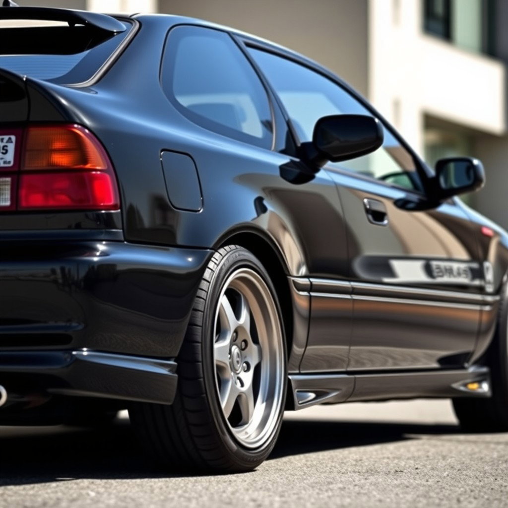 A sleek black 1995 Honda Civic EX showcased at a slight angle, highlighting its iconic shape and sporty design