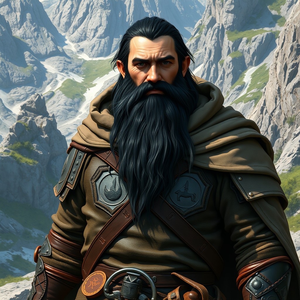 A male dwarf with a long black beard, radiating strength and wisdom