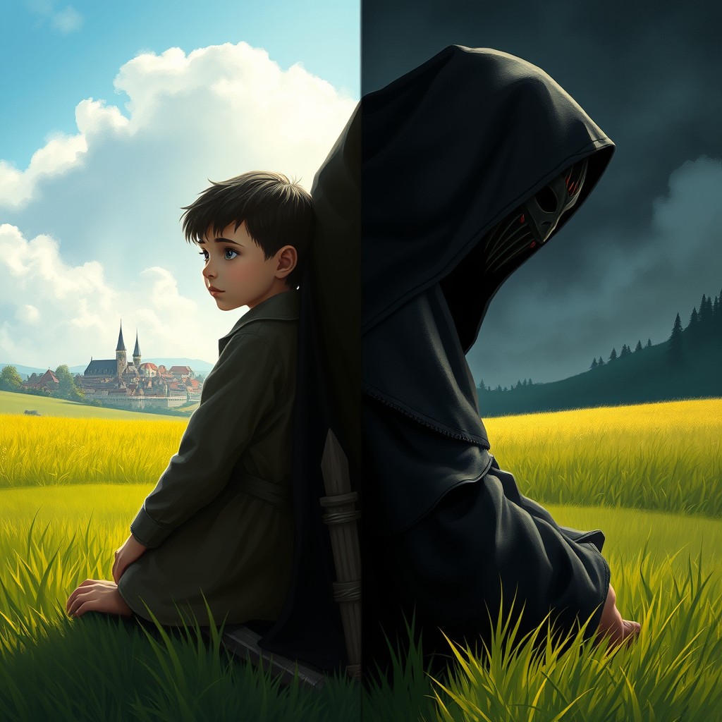 On a green meadow, a peasant boy with gray eyes and black hair sits back-to-back with an adult, tall archer dressed in a black cloak with a hood and a black mask featuring red droplets resembling blood