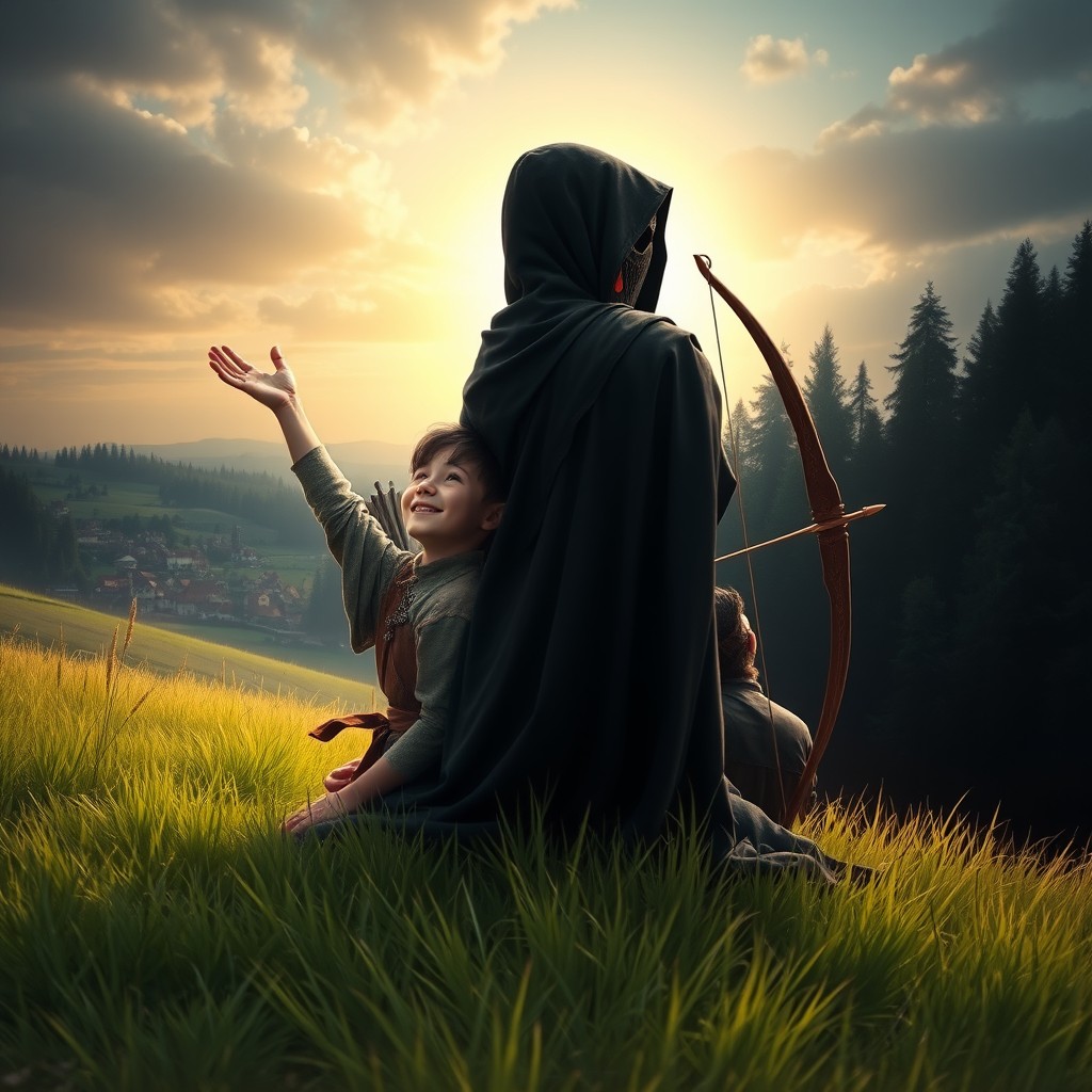On a green meadow, a peasant boy with gray eyes and black hair joyfully holds his head high while sitting back-to-back with an adult, tall archer dressed in a black cloak with a hood and a black mask featuring red droplets resembling blood