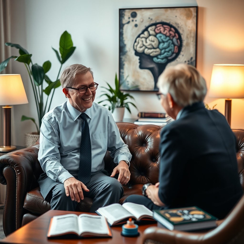 A professional psychoanalyst in a serene office setting, consisting of a comfortable leather couch, a wooden desk with books about psychology, and soft, warm lighting