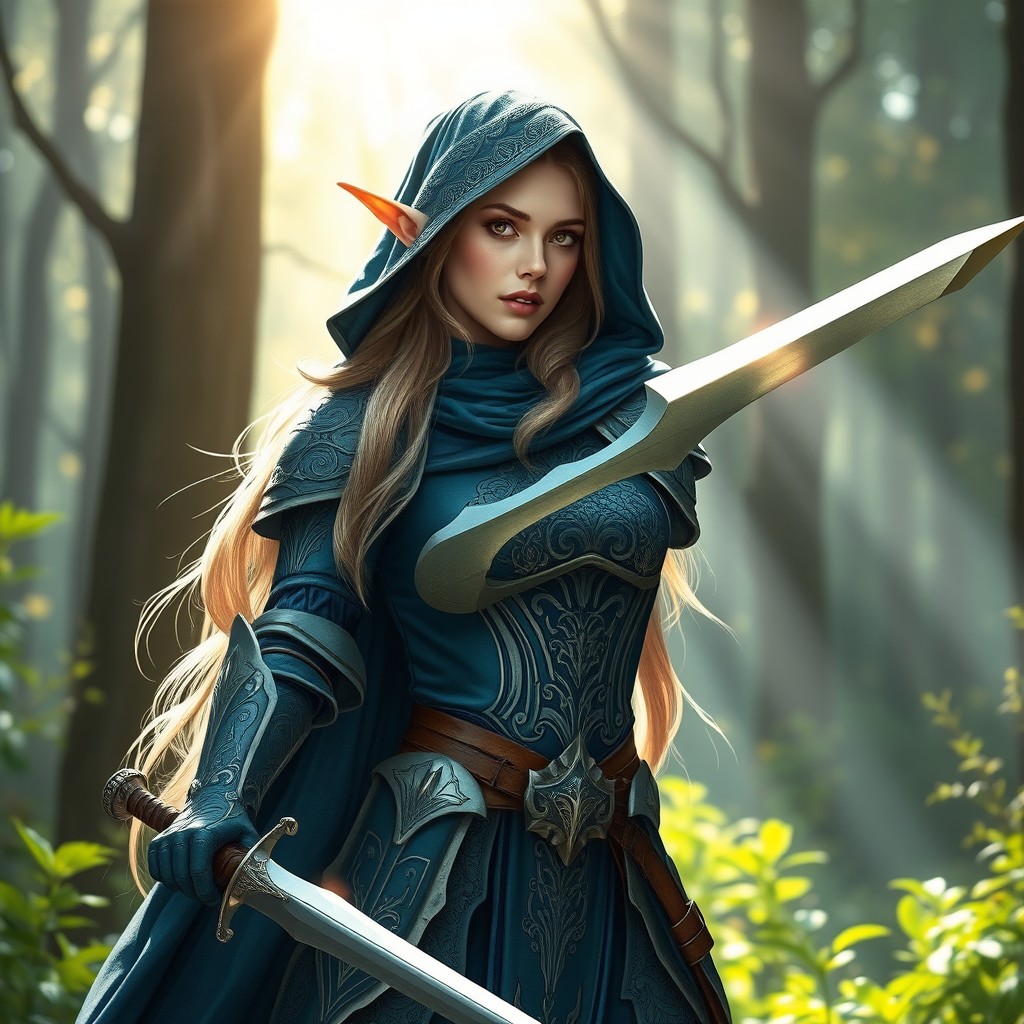 A female elf knight dressed in a beautifully detailed armor featuring shades of blue, green, and grey