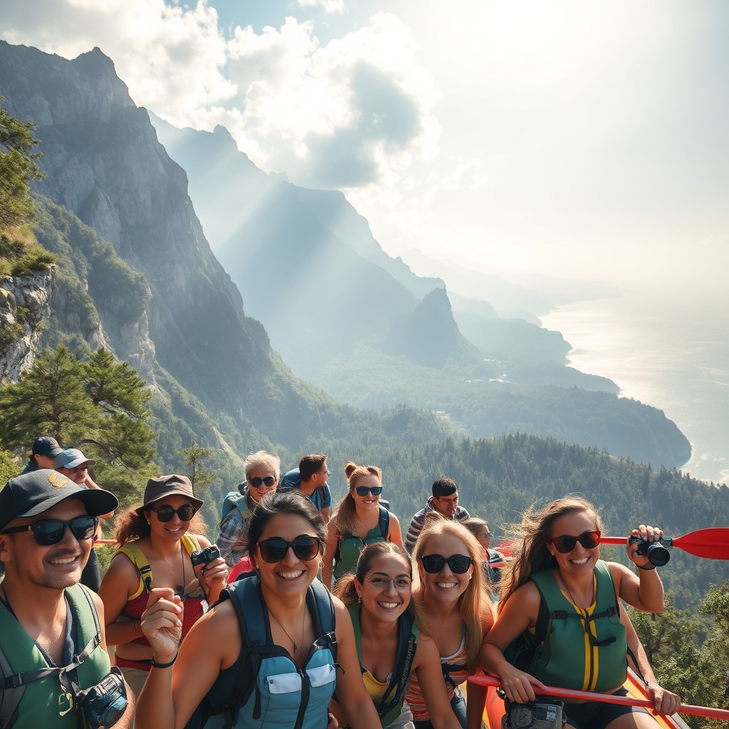 A scenic and adventurous travel tour featuring a diverse group of tourists exploring breathtaking landscapes, including mountains, forests, and oceans