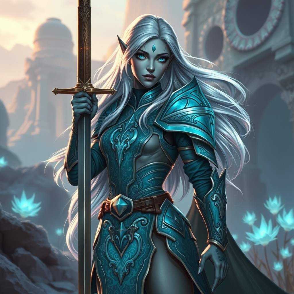 A female elf paladin with striking grey skin, clad in ornate teal armor that reflects an ethereal glow