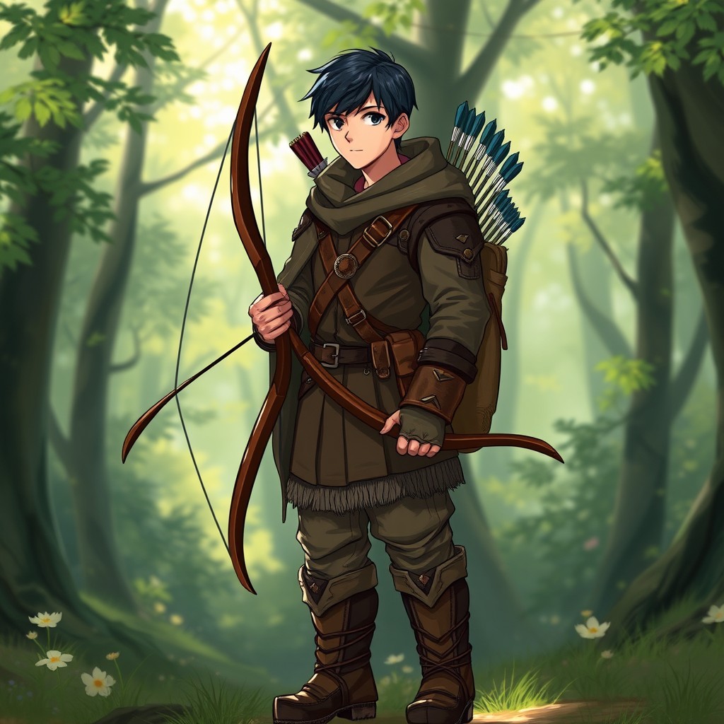 A male ranger character for Dungeons & Dragons, featuring short dark hair and dressed in warm, layered clothing suitable for outdoor adventures