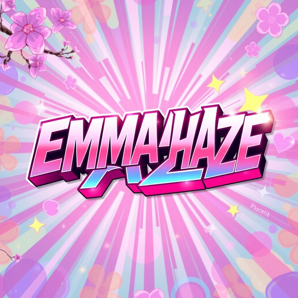 A vibrant anime-style banner featuring the name 'EMMA HAZE' in dynamic, bold lettering characteristic of anime aesthetics
