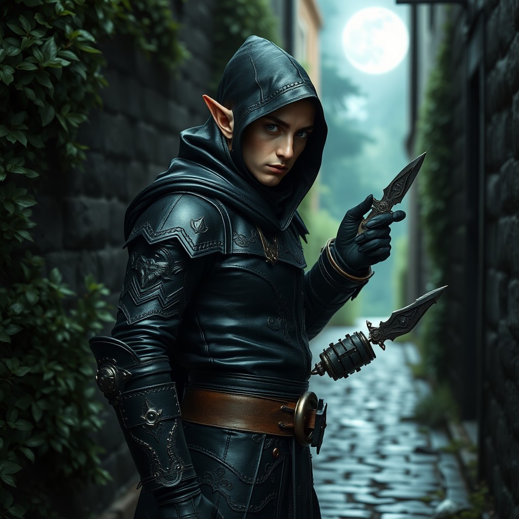A stealthy elf thief clad in sleek black leather armor, showcasing intricate designs and detailed stitching
