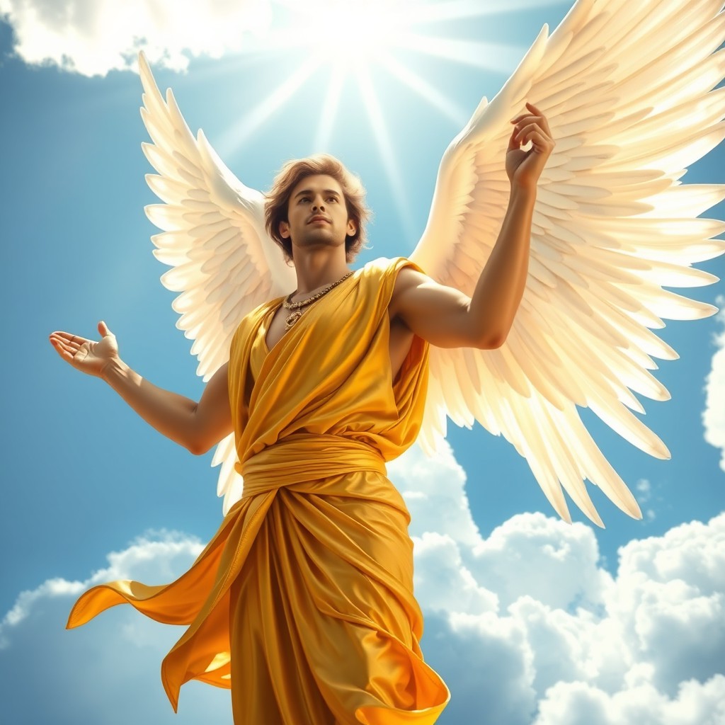 An angelic figure, resembling Arcangel, portrayed as a handsome man dressed in stunning golden attire