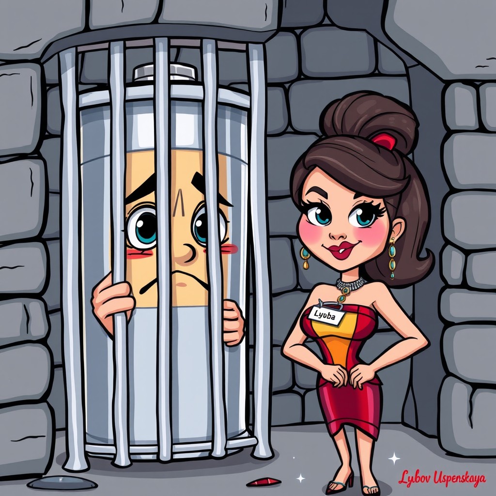 A colorful cartoon-style illustration of a battery character behind bars in a prison cell, looking sad but hopeful