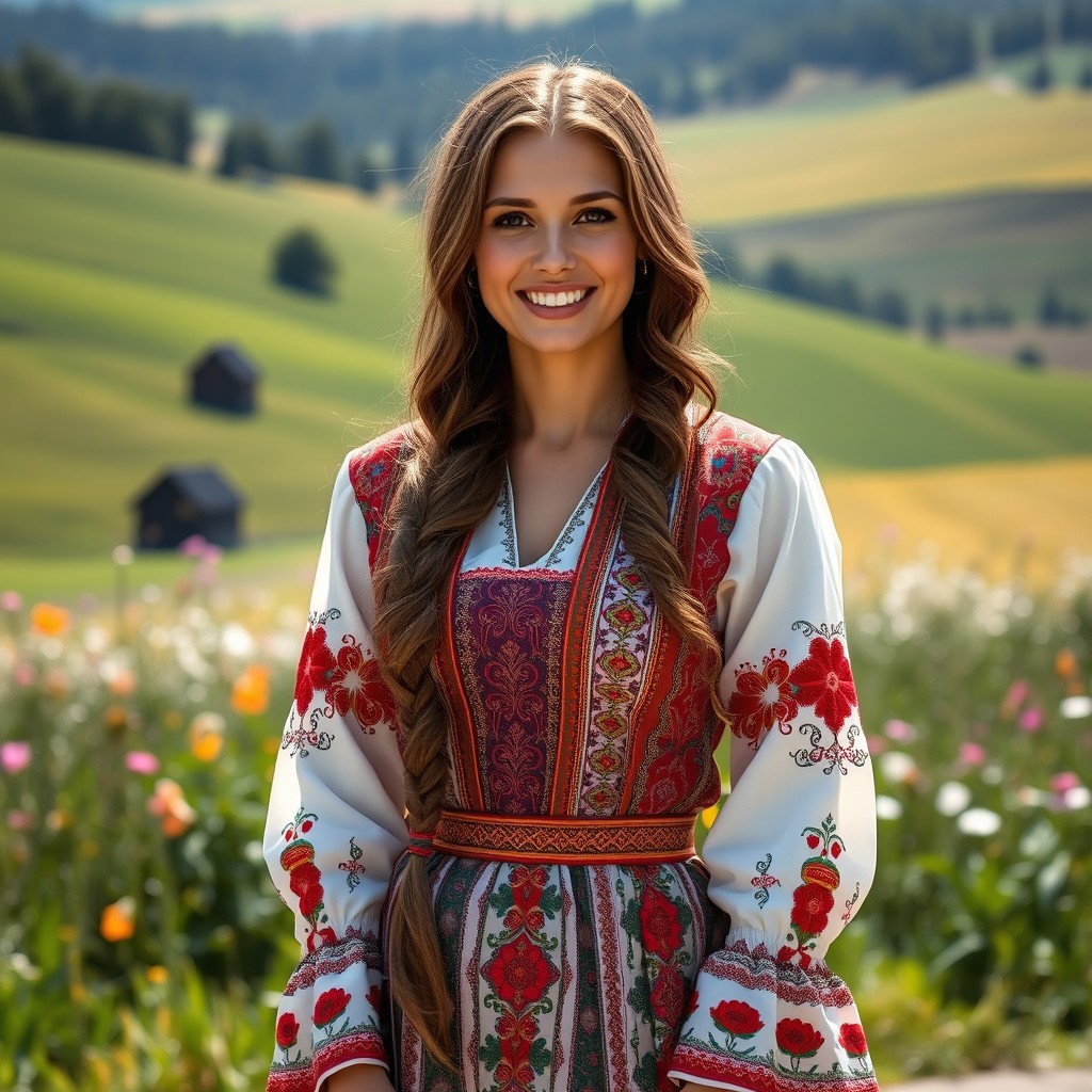 A tall, beautiful 30-year-old woman wearing a traditional Slavic dress