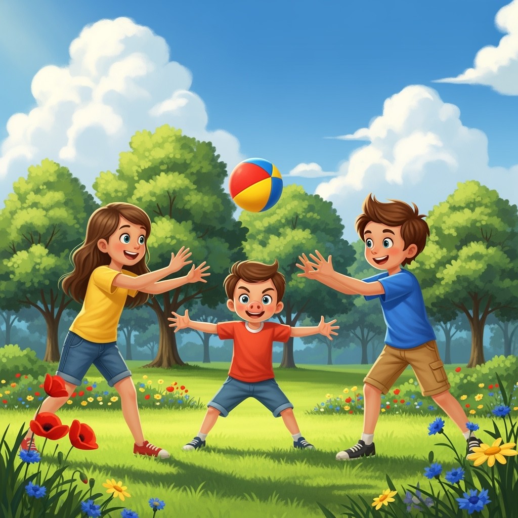 A whimsical scene depicting the classic children's game of 'Piggy in the Middle'