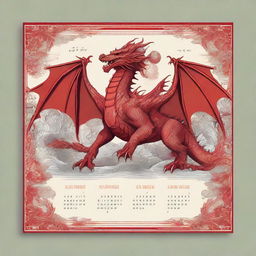 An intricately designed calendar, with each page bearing dynamic illustrations of different majestic dragons.