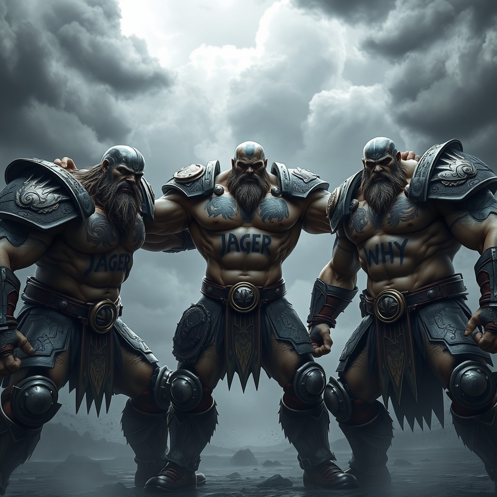 Three fierce titans preparing for an epic duel, each adorned with battle gear and tattoos on their chest displaying their names: 'Jager', 'BOB', and 'Why'