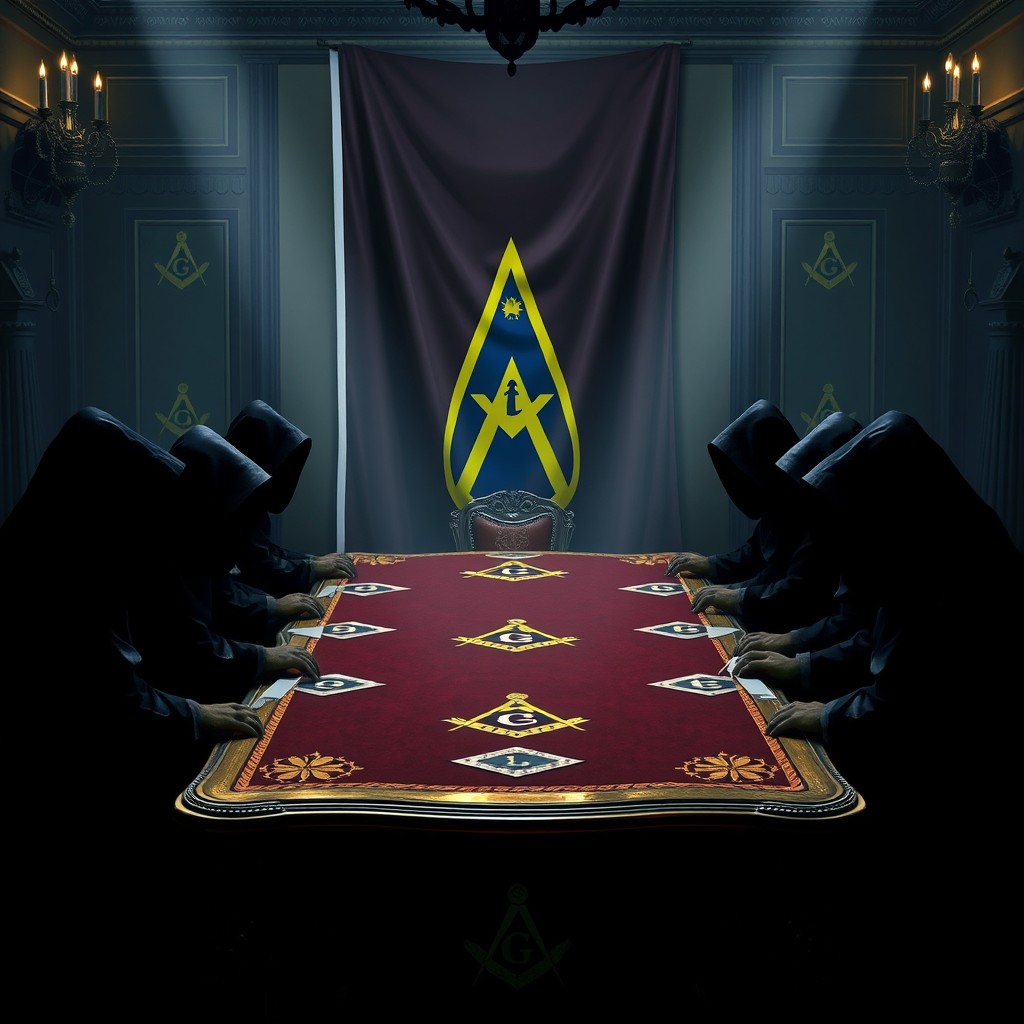 A mysterious and atmospheric scene depicting a secret congregation of dark, hooded figures gathered around a large, ornate table