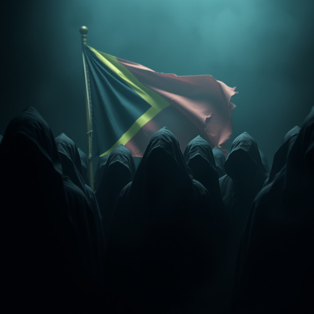 A mysterious scene depicting a secret congregation of cloaked individuals gathered together in an enigmatic atmosphere