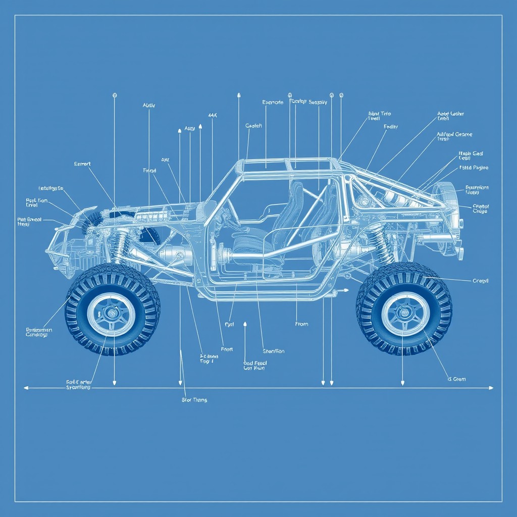 A highly detailed blueprint of an off-road car, showcasing intricate mechanical components, suspension systems, and rugged body design